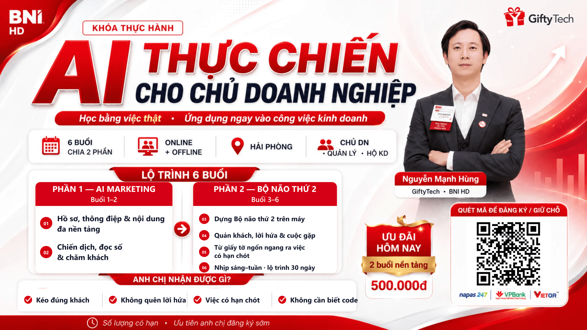 Poster khóa học AI thực chiến cho chủ doanh nghiệp: 2 buổi AI Marketing và 4 buổi Bộ não thứ 2