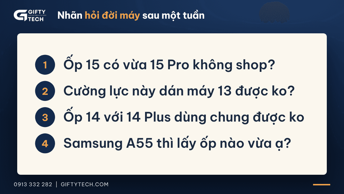 Danh sách câu khách hỏi mang nhãn "hỏi đời máy" sau một tuần, chép nguyên văn: Ốp 15 có vừa 15 Pro không shop? Cường lực này dán máy 13 được ko? Ốp 14 với 14 Plus dùng chung được ko. Samsung A55 thì lấy ốp nào vừa ạ?